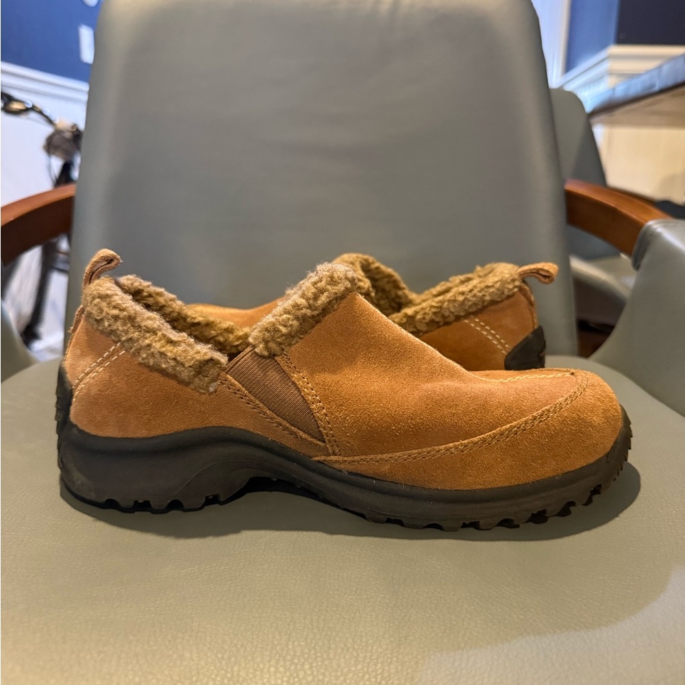 Lands' End Brown Suede Mules with Faux Fur Lining